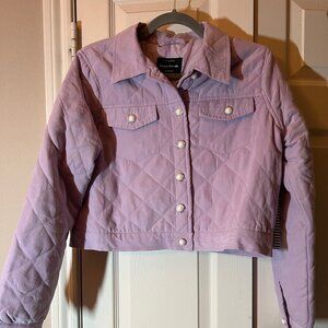 Women's Light Purple Cropped Quilted Jacket with Pearl Button Accents - Large
